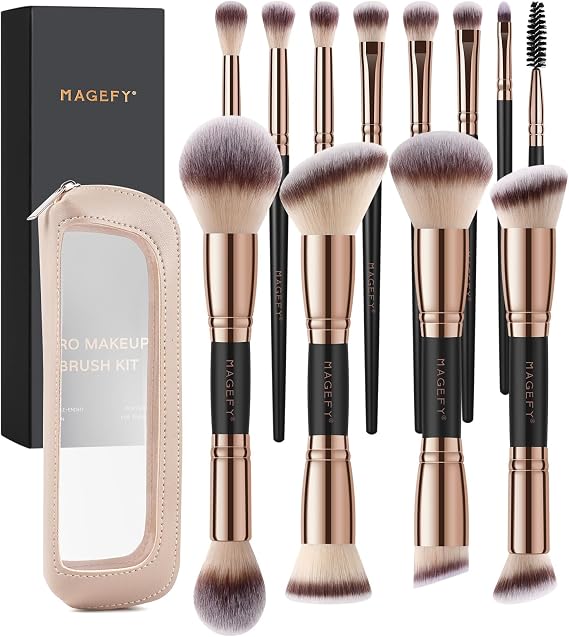 MAGEFY Makeup Brush Set 12Pcs Double Sided Make up Brushes Foundation Contour Blush Highlight Blending Eyeshadow Brushes, Vegan Makeup Brushes with Bag, Black Gold