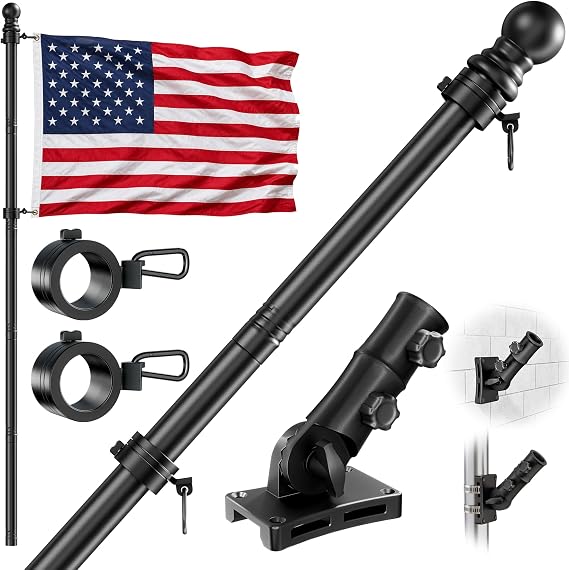 Flag Pole 6FT for Outside House – 360° Aluminum Anti-Tangle Rings, Black