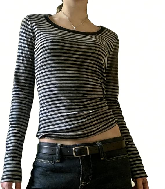 レディース Y2k クルーネック ストライプ Tシャツ ヴィンテージ 原宿 長袖 スリム フィット Tシャツ トップ ティーン 女の子 お出かけ 秋服