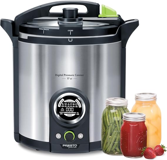 Presto 02152 Digital Pressure Container, 17 Liter Digital Display, Water Bath Capacity, 10 Count with Built-In Safety Features, Recipe Book, Stainless Steel