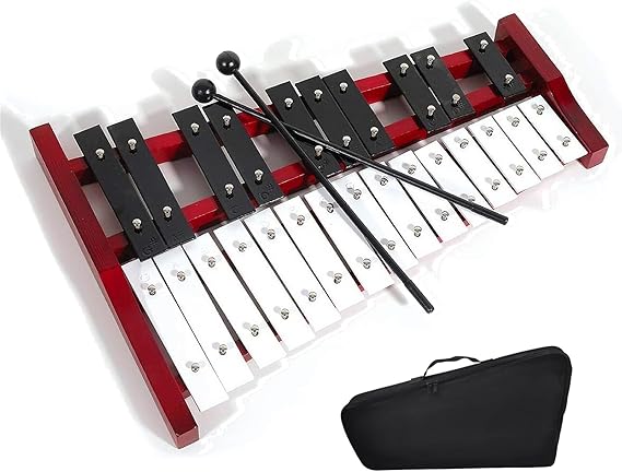 25 Notes Xylophone Chime Wind Chime with Metal Keys and Wooden Base, Hand Percussion with 2 Drumsticks, Portable, Carrying Bag, Musical Instrument for Youth and Adults