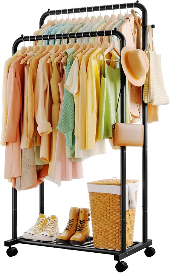 Sakugi Double Rod Clothing Rack Shoe Shelf & Hooks, 73x42x150cm, Black