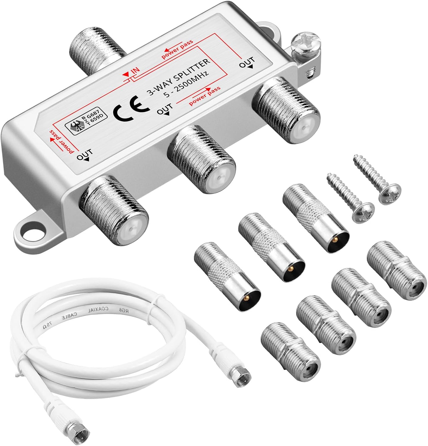 Justech 3 Way TV Aerial Splitter Coax Splitter F Type Splitter 5-2500MHz with 1.5m Coax Cable F Plugs for Sky Box Telewest Eurovox Starview Dreambox