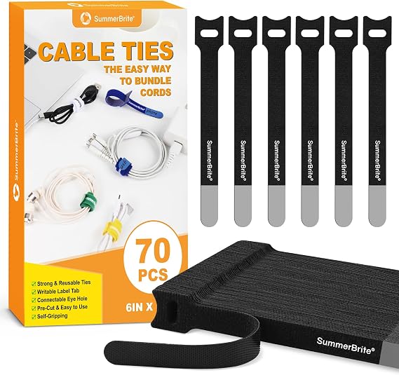 Summerbrite 70PCS Reusable Cable Ties Black Cable Straps Adjustable Hook and Loop Releasable Cable Tidy Ties Fastening Straps for Home & Office Desk PC Cable Management(12mm x 15cm)