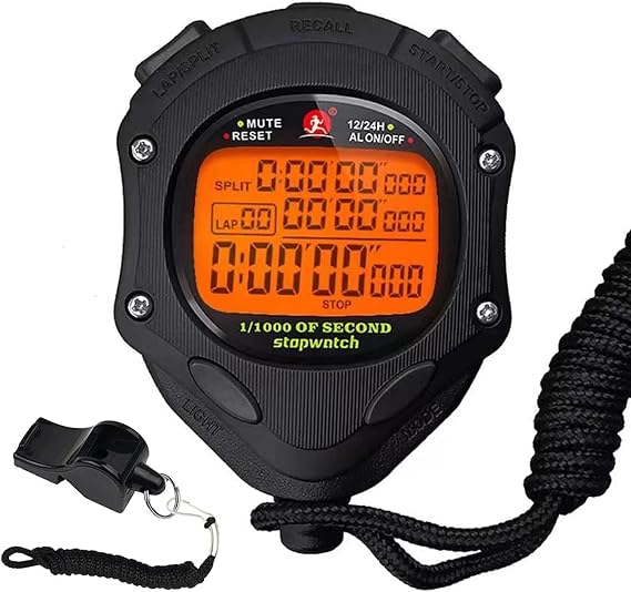 Digital Stopwatch, 100 Lap Memory, 0.001 Second Time Measurement, Backlight, Stopwatch Timer with Countdown Alarm for Sports Trainers While Running