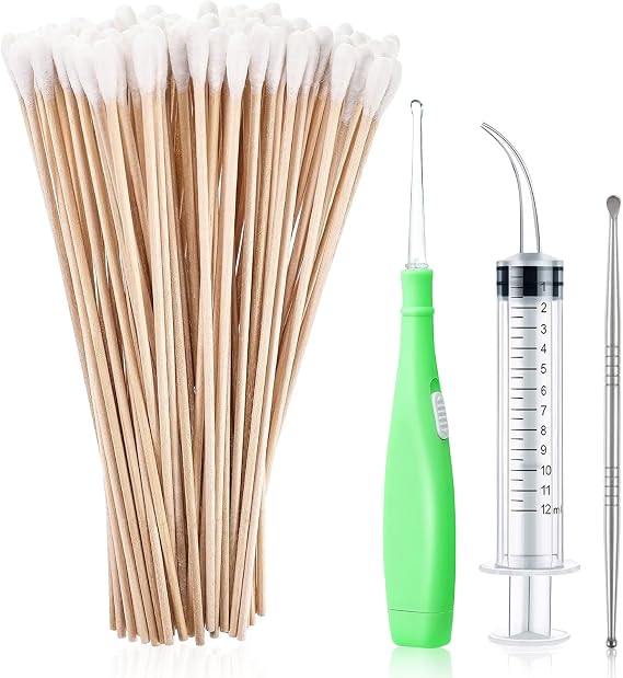 Tonsil Stone Removal Set, 1 Stainless Steel Tonsil Stone Remover Tool, 1 Tonsil Stone Remover with LED Light, 100 Long Swabs and 1 Curved Irrigator Syringe to Halitosis Treatment Tonsilitis (Green)