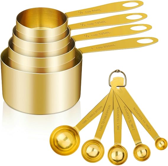 Cuteefun Measuring Cups and Spoons Set of 9, Stainless Steel Handle, Gold