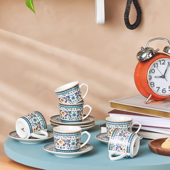 KARACA Beylerbeyi 12-Piece Turkish Coffee Cup Set for 6 People, 80 ml Small Espresso Cups with Saucers, Porcelain Turkish Coffee Set, Blue Traditional Design