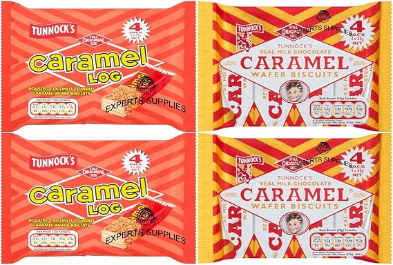 Caramel Wafer Bundle With Tunnocks Caramel Log Wafer Biscuits 4x32g & Milk Chocolate Caramel Wafer Biscuits 4x30g Pack Of 4 By Experts Supplies