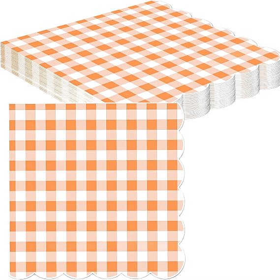 20pcs Orange Checkered Paper Napkin 33x33CM,Soft Gingham Disposable Luncheon Paper Party Serviettes Tableware for Birthday,Christmas Halloween,Wedding,BBQ Orange Scalloped Serviettes Napkins