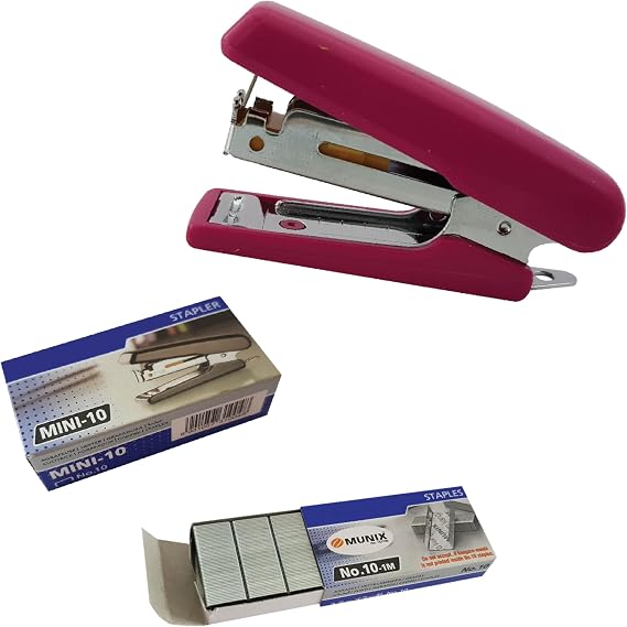 ZMINI10 Mini Stapler with Built-in Staple Remover, Pink Body + 1000 Staples, 10 Sheets Stapling, School Office Home Use, iZOFAX Black Ball Pen