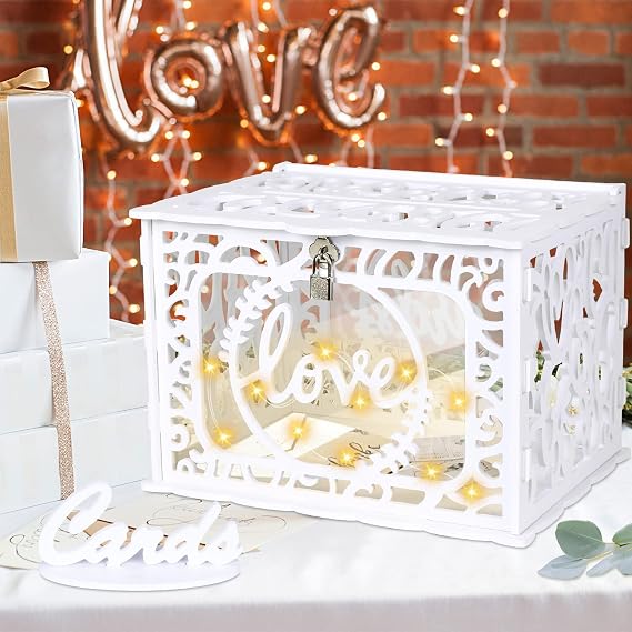 White PVC Wedding Card Box with Lock for Reception Baby Shower Birthday