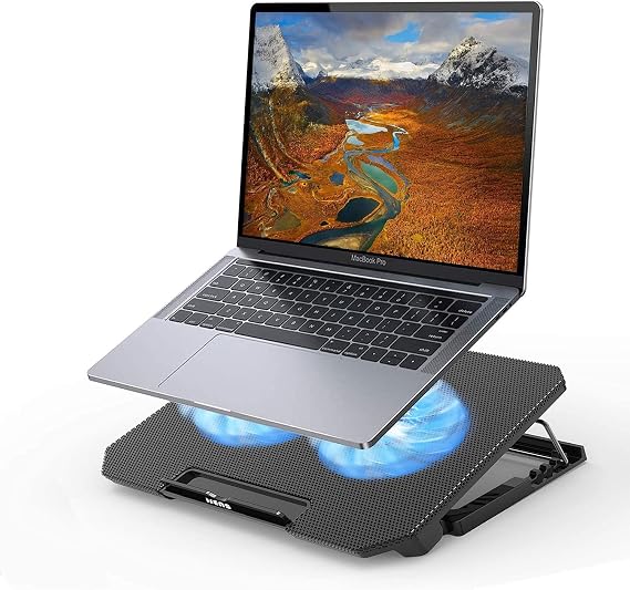 Laptop Cooling Pad Cooling Pad with 2 Cooling Fans, 4 Levels of Height Adjustable, Laptop Cooler with LED Light, High Airflow with Speed Scroll Switch, Low Noise, 2 USB Ports, Metal Mesh Design, Fits
