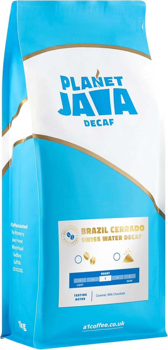 Planet Java Brazilian Cerrado Swiss Water Decaf Coffee Beans 1kg, 100% Arabica Hand Roasted, Resealable Bag