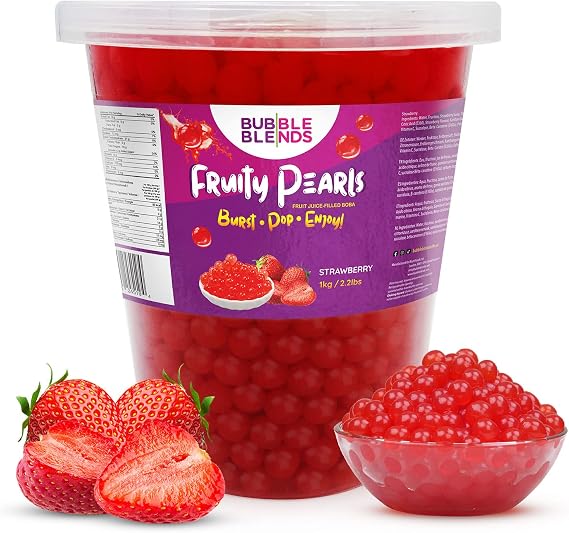Bubble Blends Strawberry Popping Boba (1KG) - Boba Balls with Real Fruit Juice - 100% Fat-Free Bubble Tea Tapioca Balls - Sago Pearls for Bubbletea Drink Sinkers or Dessert Toppings EXP 27/02/2025