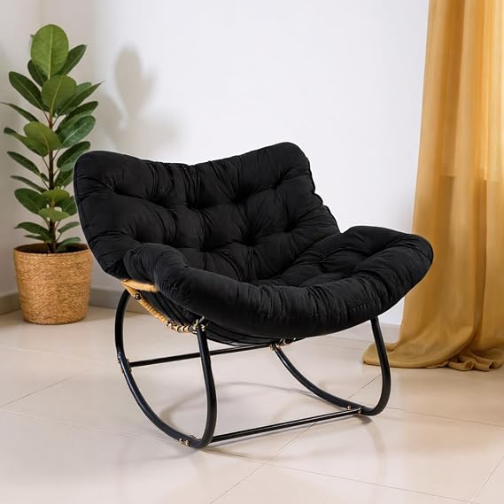 Oversized Egg Chair Outdoor Rocking Chair for Garden Black | Rattan Wicker Egg Chair with Sturdy Metal Frame, Designed for Comfortable Outdoor Seating on Patios, Balconies and Garden