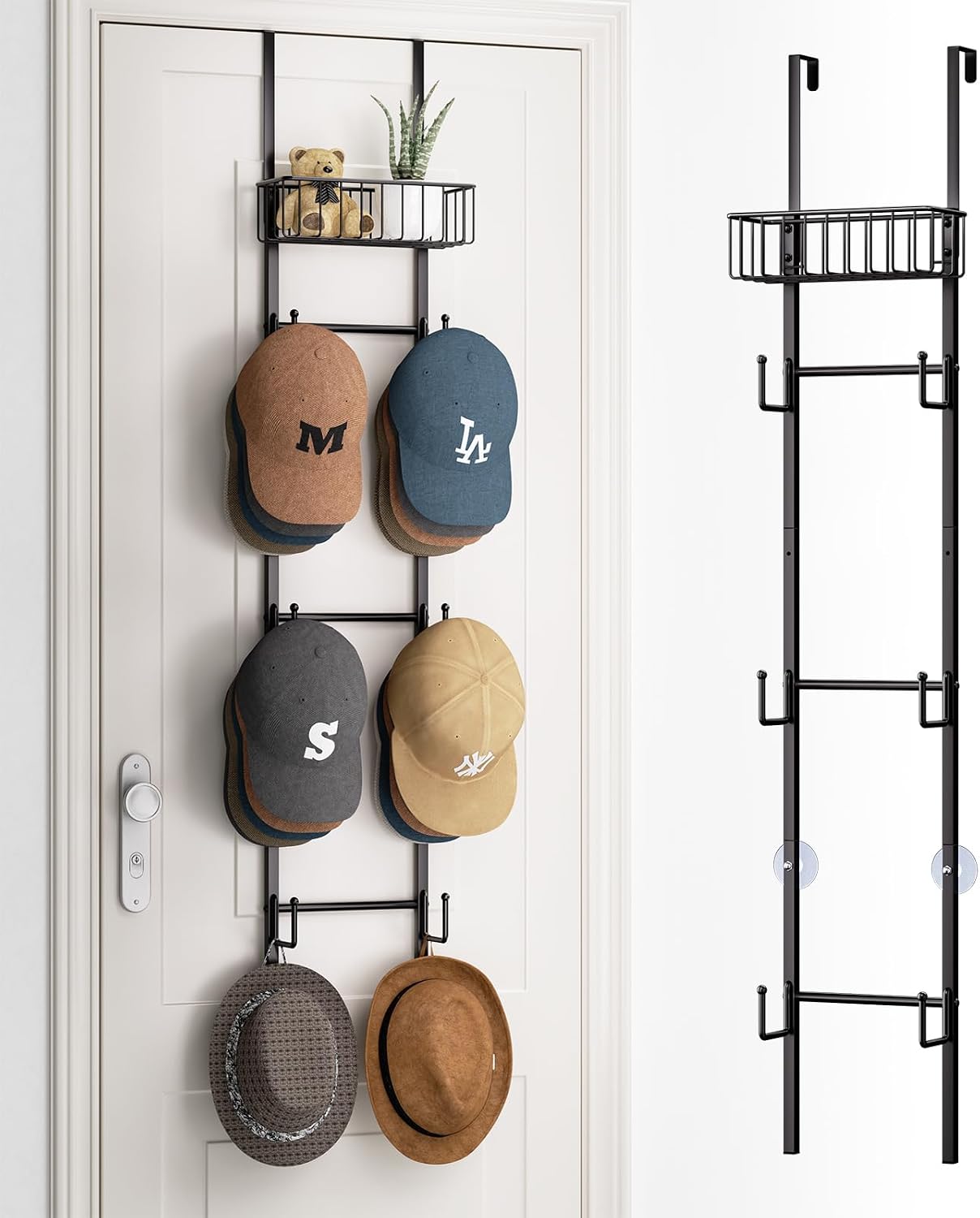 HapiRm Over Door Hat Rack - Wall Mounted Hat Organizer with 6 Hooks and Metal Basket Design, Baseball Cap Organizer Storage Holder Up to 32 Caps for Door, Bedroom, Closet