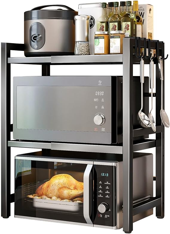 3-Tier Expandable Microwave Oven Rack with 6 Hooks, Adjustable Metal Kitchen Shelf Stand for Countertop, Black Baker Rack Organizer