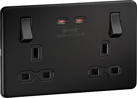 Screwless Double Switched Socket with Dual USB-C [65W Fast Charge] – Matt Black