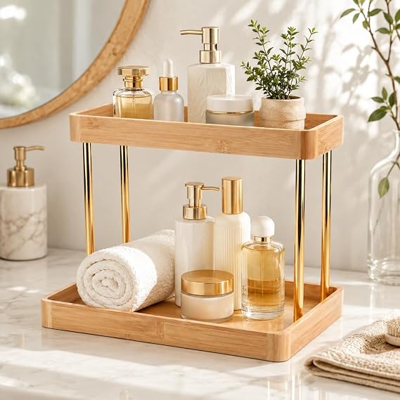 2 Katlı Bambu Organizer Standı, Altın Renk Tezgâh Üstü Düzenleyici Raf