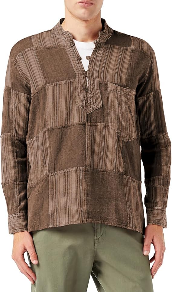 Shopoholic Fashion Stone Washed Plain Stripe Patch Hippie-Hemden für Herren langärmliges Grandad-Hemd aus Baumwolle