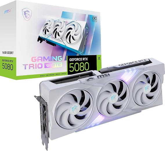 MSI GeForce RTX 5080 16G GAMING TRIO OC WHITE Graphics Card - RTX 5080 GPU, 16GB GDDR7 (30Gbps/256-bit), PCIe 5.0 - TRI FROZR 4 (3 x STORMFORCE Fan), Gaming & Silent mode - HDMI 2.1b, DisplayPort 2.1b