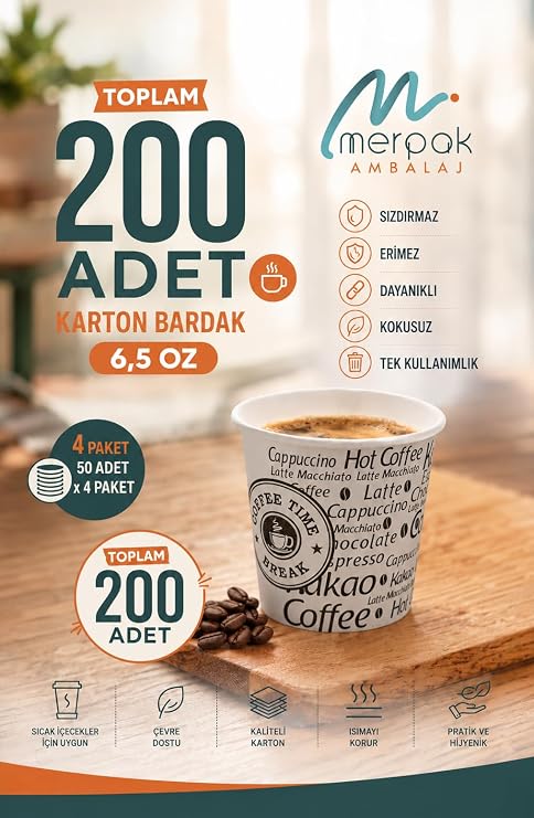 Karton Bardak 6,5 Oz 200'lü Sızdırmaz Erimez Dayanıklı Kağıt Bardak Kullan At Bardak