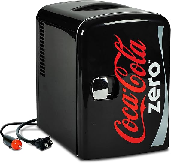 Coca Cola CZ04 Coke Zero 4L 6 Can Portable Cooler/Warmer,Compact Personal Travel Mini Fridge for Snacks Lunch Drinks Cosmetic,Includes 12V and AC Cords, (Black) [Energy Class A+]