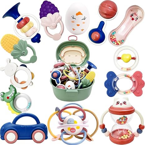 Baby Rattle Teething Ring Set Baby Toy from 0 1 2 3 4 5 6 7 8 9 10 11 12 Months Shaker Gripping Rattle Newborn Toy Baby Toy Gift for Boys Girls Toddlers (14 Pieces)