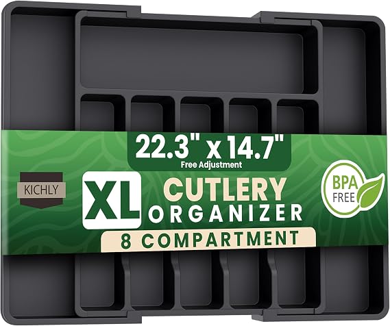 KICHLY Cutlery and Kitchen cutlery drawer organiser Expandable 8 Compartment for Kitchen, Multipurpose Large cutlery Tray and Spoon Holder, Adjustable Silverware Plastic Organizer, (Black)