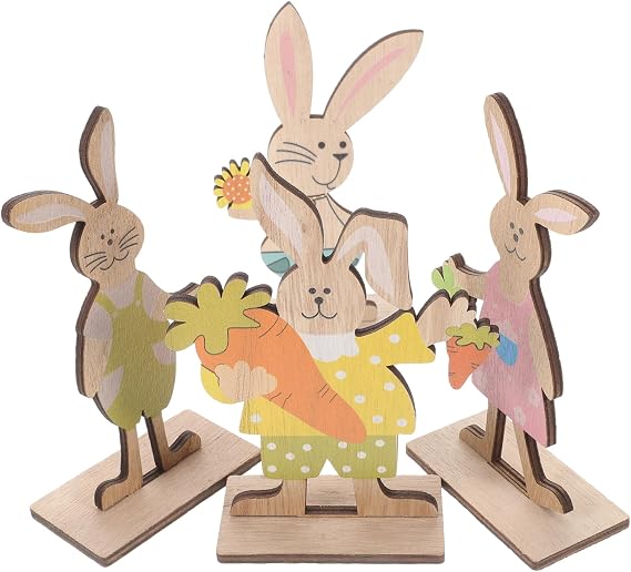 4個 木製の装飾品 rabbit home decor 干し草 しゃべるサボテンのおもちゃ 豚 ケーキの装飾 イースターの装飾 フォトプロップス シーンレイアウトの装飾