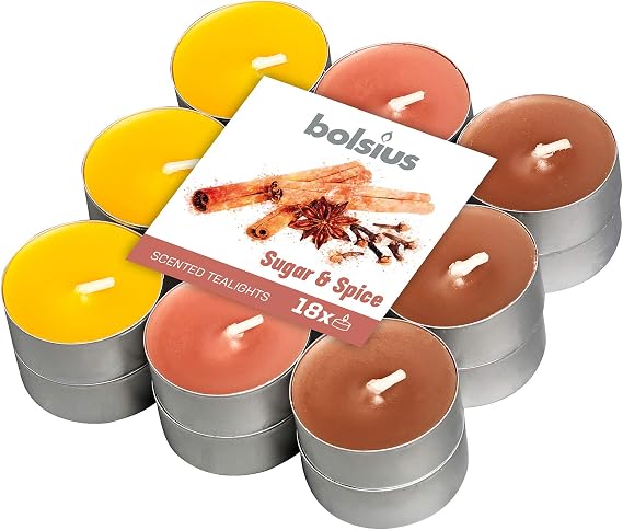 Bolsius Scented Tealight Candle, Scented with Sugar and Spices, Mixed Color, 18 Pack, 4 Hours Burning Time - Home Candle - Interior Decoration - Natural Extracts - Contains Natural Vegan Beeswax - Does Not Contain Palm Oil