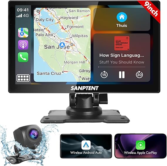 SANPTENT Portable Stereo Wireless Apple CarPlay, Android Auto, 9" FHD Touch Screen for Car, Mirror Link, Bluetooth, Drive Play, Siri, FM Transmitter, Car Audio Receivers, Rear Camera/AUX Input
