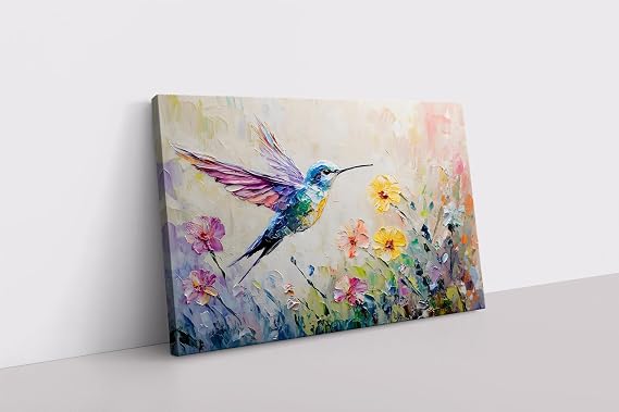 lianyibo Blue Hummingbird Spring Wildflowers Painting Print Canvas | Botanical Floral Colorful Flowers Wall Art Home Decor(80x120 cm/Frameless)