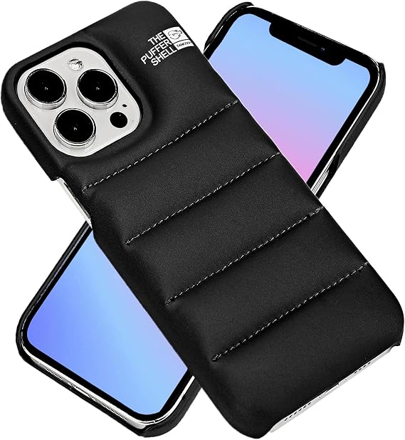パファーフォンケース、iPhone 14対応 かわいいパターン 傷防止ダウンジャケット ソフトタッチ素材 3D保護 耐衝撃携帯電話ケース ブラック iPhone 14用