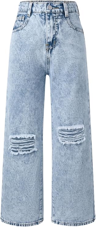女の子用ジーンズ だぶだぶ ワイドレッグ リップド 高弾性ウエストデニムパンツ Y2k ボーイフレンド スケーター ストリートウェア キュート ズボン 7-14歳