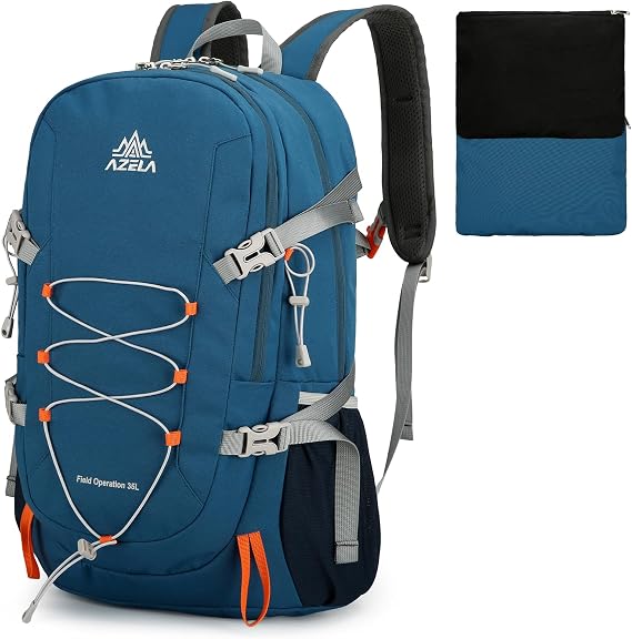 35L Foldable Hiking Backpack Men Women, Lightweight Outdoor Daypack with Chest Strap, Large Packable Rucksack for Camping Traveling Sport, Navy Blue