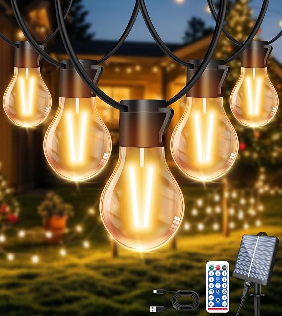 Solar Festoon Lights Outdoor, 12M/39.4FT USB&amp;Solar String Lights Outdoor Garden Waterproof with 8 Modes,15 Shatterproof Bulbs,Timer&amp;Remote, Garden Solar Lights for Gazebo, Patio, Party, Wedding Decor [Energy Class G]