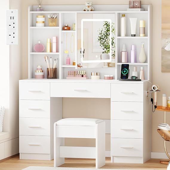 Modern Dressing Table with LED Light and Mirror, Stool, 8 Hooks