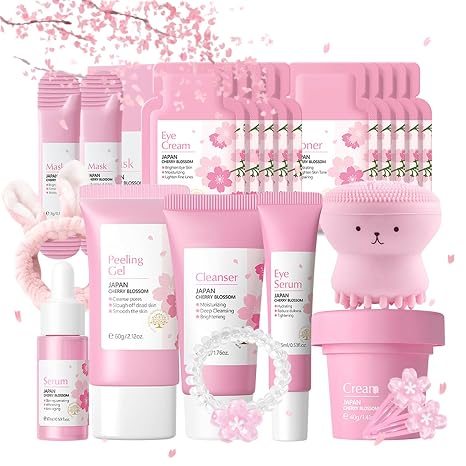 Face Care Set for Girls and Women Anti-Wrinkle Skin Care Set for Face Moisturising Sakura Skincare Set with Serum Cream Mask Cleanser Toner Eye Cream - Daily Skin Care