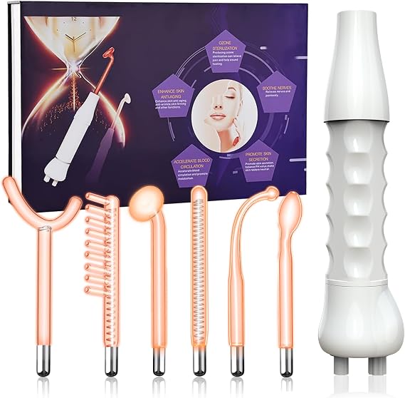 Radio frequency facial machine 7pcs, portable handheld electrode rod glass tube skin treatment device 6 neon rod acne treatment skin treatment device firming wrinkle reducer（orange).