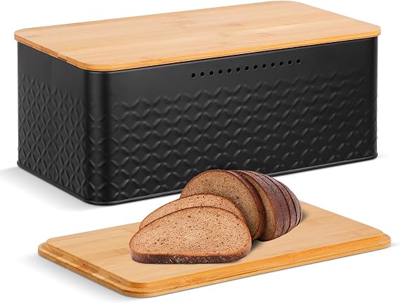 Bread Bin Bread Storage Box with Bamboo Lid, Black Bread Storage Container Bin, for Kitchen Countertop Organizer (Black)