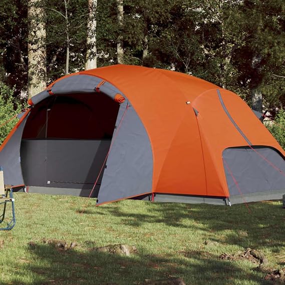 Lechnical Camping Tent 8 Persons Grey&Orange 360x430x195 cm 190T Taffeta,Camping Tent,Family Tent,Waterproof,Outdoor Shelter(SPU:94423)
