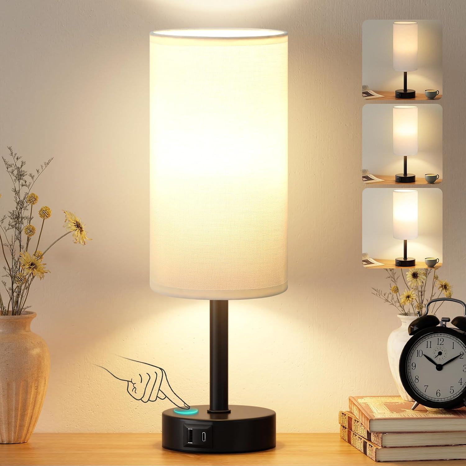 Bedside Lamps, Touch Lamps Bedside with 3-Way Dimmable & Dual USB Charging Ports, Minimalist Table Lamp for Living Room, Dorm, Home Office, White Shade-Black Base(Bulb Included) [Energy Class F]