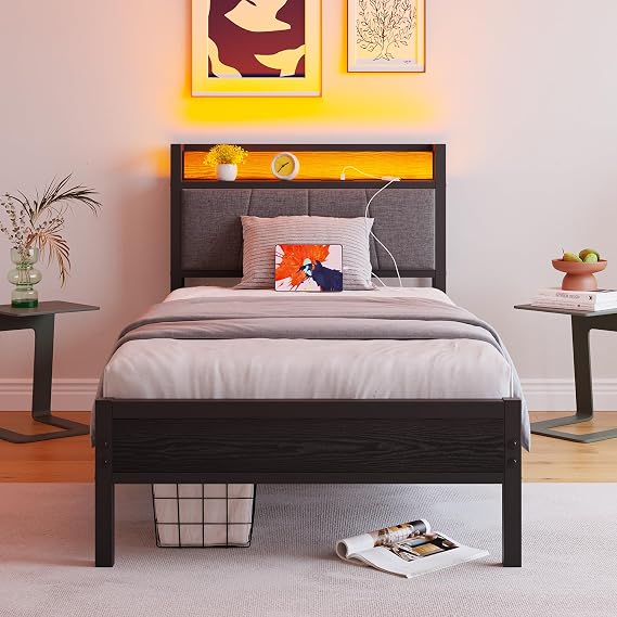 3ft Single Bed Frame with Storage Headboard,LED Lights,Metal Upholstered Platform Bed Frame with Charging Station,Mattress Foundation/Strong Slats Support/Under-bed Storage/Easy Assembly/Black