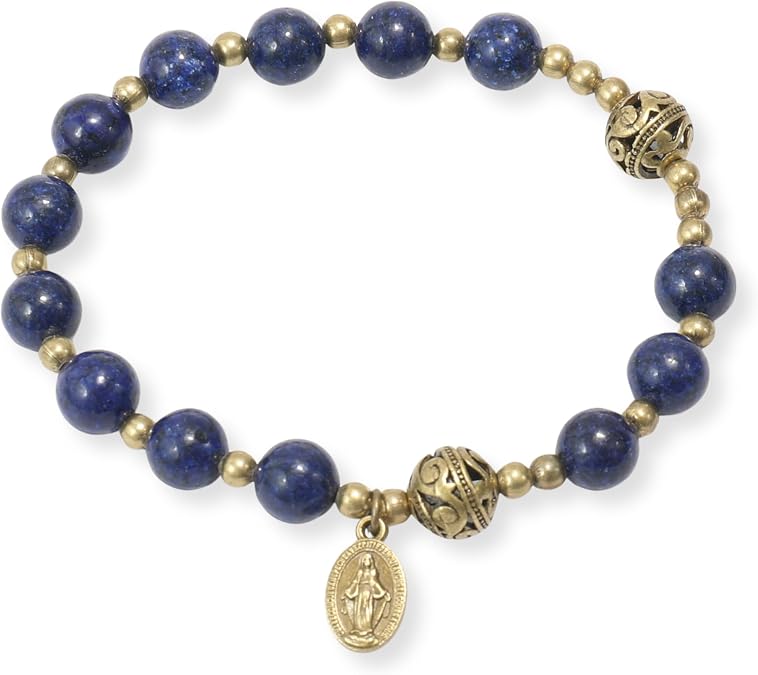Nazareth Store Map Stone Beads Rosary Bracelet with Metal Separators and Catholic Miraculous Medal - Durable and Elegant Wrist Jewelry (Lapis Lazuli - Miraculous)