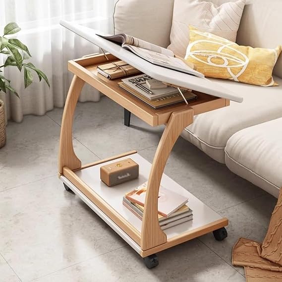 Side Table Movable Small Table Angle Adjustable Side Table Bed Table Sofa C-Shaped End Table with Wheels Solid Wood Sofa Table Durable Easy to Move Easy to Assemble Perfect for Meeting Room Home