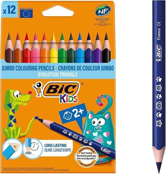 BIC Kids Evolution Triangle Coloured Pencils, Colouring Pencils Ideal for Small Kids 2 Years and Up to Place Fingers, Extra Resistant BIC Pencils, School Supplies, 12 Pack