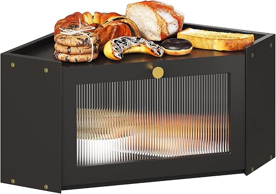 VEDECASA Corner Bread Box for Kitchen Countertop Bamboo Bread Storage Box with Transparent Wavy Acrylic Door Black Bread Bin for Counter Corner Rustic Bread Container
