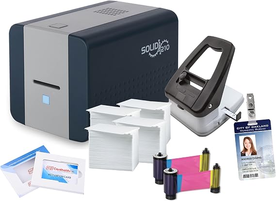 Solid 210 Badge Printer Beginner Software 400 Blank ID Cards Slot Punch 400 Lanyard Clips 2 Color Ribbons Single Sided ID Card Printer